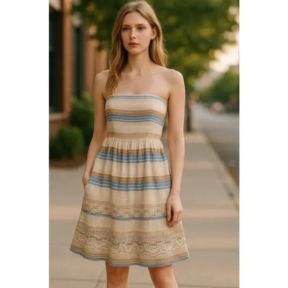 Anthropologie Sami Dress Small Lagenlook Lace Guazy Strapless Tie back Midi - Picture 1 of 9